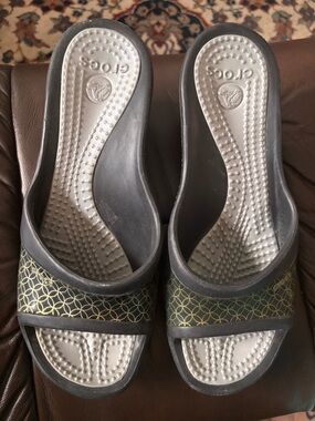 CROCS Women’s Black Slide Sandals with Gold Pattern